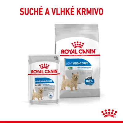 ROYAL CANIN Light Weight Care suché a vlhké krmivo pre psov, balenie 85 g a väčšie balenie, viditeľný nápis 'SUCHÉ A VLHKÉ KRMIVO' hore na obrázku.