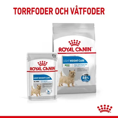 Royal Canin Light Weight Care torrfoder och våtfoder för hund, synliga påse och förpackning med texten MINI och ALL SIZES samt bild på liten hund. Text: TORRFODER OCH VÅTFODER.