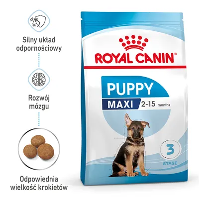 Royal Canin Puppy Maxi 2–15 months, etap 3. Silny układ odpornościowy, rozwój mózgu, odpowiednia wielkość krokietów. Na opakowaniu widoczny szczeniak.