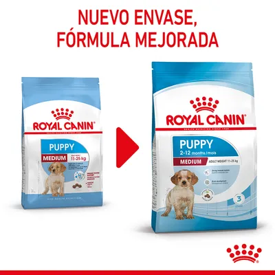 Royal Canin Puppy Medium 11–25 kg, cambio de envase y fórmula mejorada. Nuevo paquete indica '2–12 months/mois', peso adulto 11–25 kg. Imagen de ambos envases con perro cachorro.