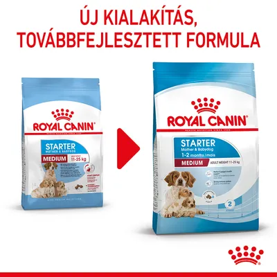 Royal Canin Starter Mother & Babydog Medium 11–25 kg régi és új csomagolás, felül: Új kialakítás, továbbfejlesztett formula