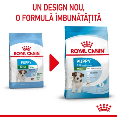 Royal Canin Puppy Mini, ambalaj vechi și nou. Text vizibil: „UN DESIGN NOU, O FORMULĂ ÎMBUNĂTĂȚITĂ”. Pe ambalaje: PUPPY MINI, 10 kg, 2–10 months/mois, adult weight up to 10 kg.