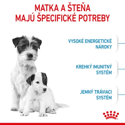 Matka a šteňa majú špecifické potreby: vysoké energetické nároky, krehký imunitný systém, jemný tráviaci systém. Značka Royal Canin.