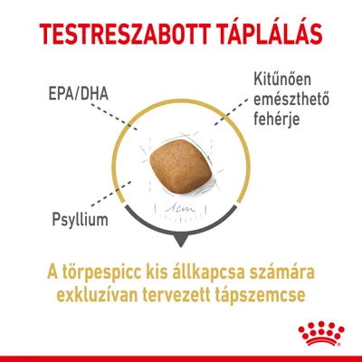 Testreszabott táplálás. EPA/DHA, Psyllium, Kitűnően emészthető fehérje. A törpespicc kis állkapcsa számára exkluzívan tervezett tápszemcse, 1 cm méretben.