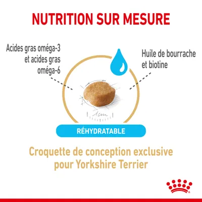 Croquette réhydratable pour Yorkshire Terrier, acides gras oméga-3 et oméga-6, huile de bourrache et biotine. Nutrition sur mesure, conception exclusive.