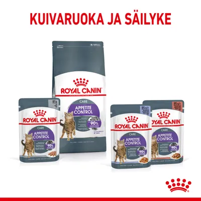 Royal Canin Appetite Control Care -kuivaruoka ja märkäruokapakkaukset kissoille. Teksti: KUIVARUOKA JA SÄILYKE. Pakkauksissa näkyy kissa ja tuotetiedot.