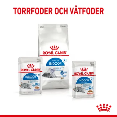 Royal Canin Indoor 7+ torrfoder och våtfoder för katt, synliga förpackningar med texten 'INDOOR 7+', 'STERILISED', samt bild på katt. Rubrik: TORRFODER OCH VÅTFODER.