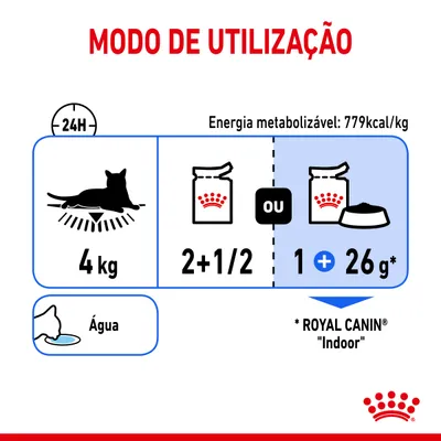 Modo de utilização: gato 4 kg, 2+1/2 saquetas ou 1 saqueta mais 26 g de Royal Canin Indoor por dia. Energia metabolizável: 779 kcal/kg. Água disponível.