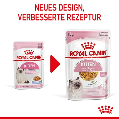 Royal Canin Kitten Nassfutter, neues Design und verbesserte Rezeptur. Für Katzen bis zu 12 Monaten, 85g Beutel, in Gelee, ohne Konservierungsstoffe.