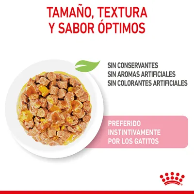 Tamaño, textura y sabor óptimos. Sin conservantes, sin aromas artificiales, sin colorantes artificiales. Preferido instintivamente por los gatitos.