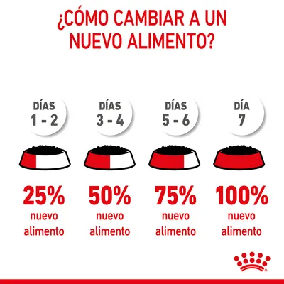 Guía de transición a nuevo alimento: días 1–2, 25 %; días 3–4, 50 %; días 5–6, 75 %; día 7, 100 % nuevo alimento. Texto y gráficos de cuencos con proporciones.