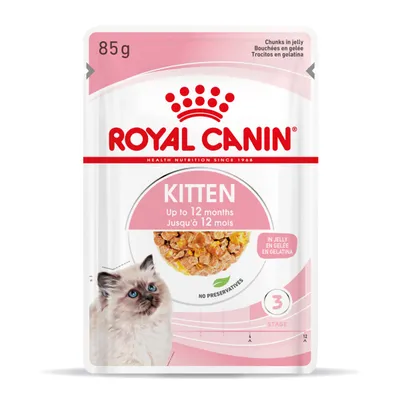 ROYAL CANIN Kitten, 85 g, kawałki w galarecie, dla kociąt do 12 miesięcy. Widoczny kot, napis: no preservatives, etap 3.