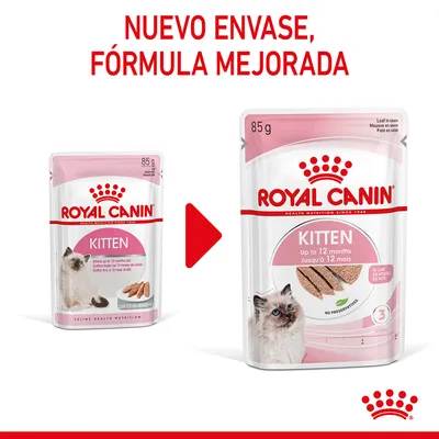 ROYAL CANIN KITTEN, nuevo envase y fórmula mejorada. Dos sobres de 85 g para gatitos hasta 12 meses. Texto visible: 'No preservatives', 'In loaf in sauce', 'Stage 3'.