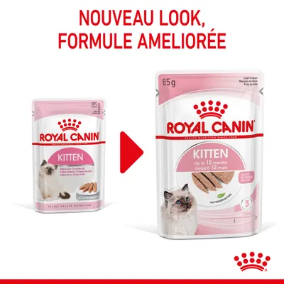 ROYAL CANIN Kitten 85 g, ancien et nouveau packaging affichés côte à côte. Texte visible : 'NOUVEAU LOOK, FORMULE AMELIORÉE', 'Up to 12 months/Jusqu’à 12 mois', 'NO PRESERVATIVES'.