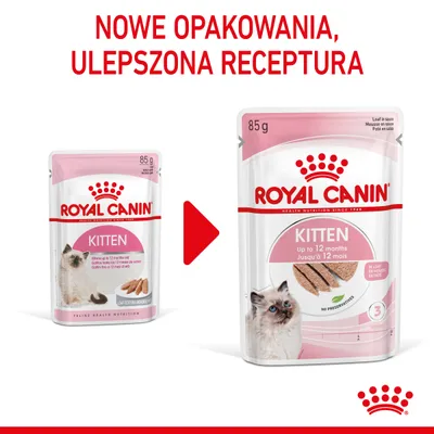 Nowe opakowanie karmy Royal Canin Kitten 85 g, ulepszona receptura. Widoczne dwa warianty saszetek z kotem i napisem 'Up to 12 months'.