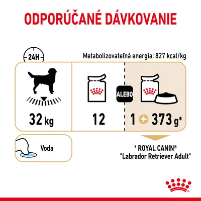 Odporúčané dávkovanie pre psa 32 kg: 12 konzerv alebo 1 konzerva a 373 g suchého krmiva Royal Canin Labrador Retriever Adult denne. Metabolizovateľná energia: 827 kcal/kg. Voda.