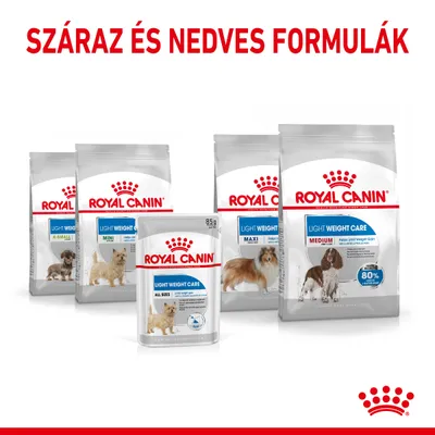 Royal Canin Light Weight Care kutyatápok: X-Small, Mini, Maxi, Medium és All Sizes nedves formula. Felirat: Száraz és nedves formulák.