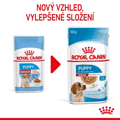 Porovnání starého a nového balení Royal Canin Puppy Medium 140 g, nápis: Nový vzhled, vylepšené složení. Na obou obalech uvedeno: pro štěňata 11–25 kg.