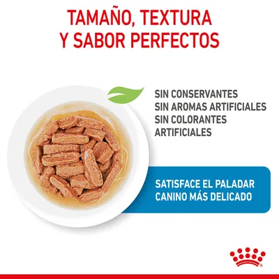 Tamaño, textura y sabor perfectos. Sin conservantes, sin aromas artificiales, sin colorantes artificiales. Satisface el paladar canino más delicado. Plato con comida húmeda para perros.