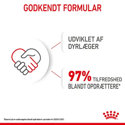 Godkendt formular. Udviklet af dyrlæger. 97 % tilfredshed blandt opdrættere. *Baseret på en undersøgelse blandt opdrættere i perioden fra 2020 til 2021.