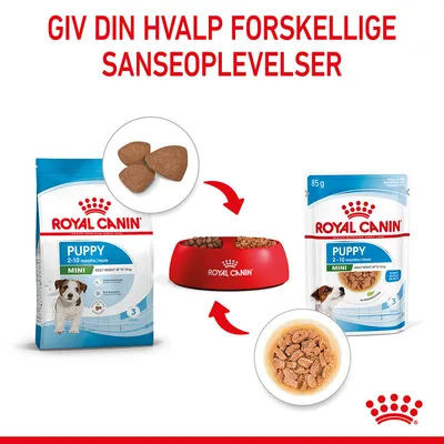 Royal Canin Puppy Mini 2–10 months tørfoder og vådfoder, begge med synligt mærke og produktnavn. Skål med foder i midten. Tekst: Giv din hvalp forskellige sanseoplevelser.