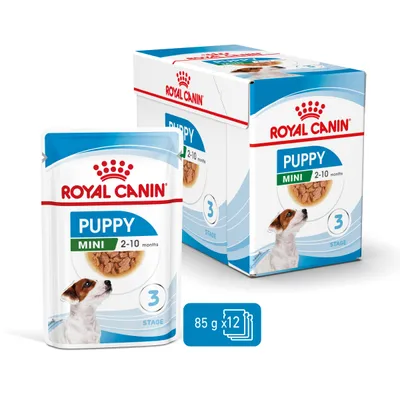 Royal Canin Puppy Mini 2–10 months, 3rd stage, opakowanie 12 x 85 g. Widoczne saszetka i pudełko z wizerunkiem psa oraz kawałkami karmy.