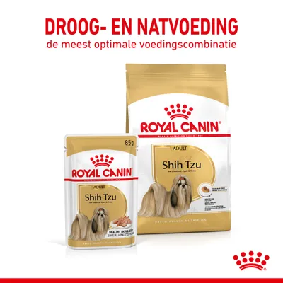 Royal Canin Shih Tzu Adult droog- en natvoeding, verpakking 85g en grote zak. Tekst: 'Droog- en natvoeding, de meest optimale voedingscombinatie'.
