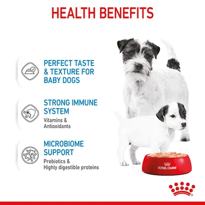 Health benefits: perfect taste and texture for baby dogs, strong immune system with vitamins and antioxidants, microbiome support with prebiotics and highly digestible proteins.