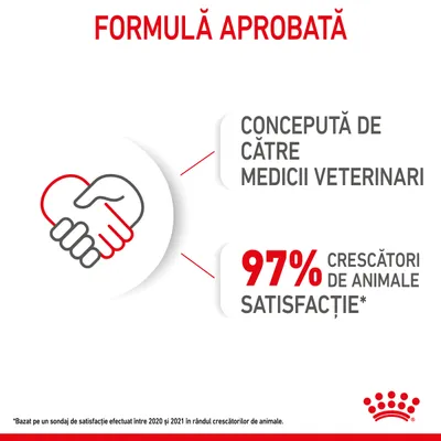 Formulă aprobată. Concepută de către medicii veterinari. 97% crescători de animale satisfacție. *Bazat pe un sondaj de satisfacție efectuat între 2020 și 2021.