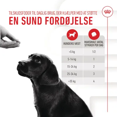 Fodringsvejledning for tilskudsfoder: hundens vægt <5 kg 1/2 stk, 5–14 kg 1 stk, 15–24 kg 2 stk, 25–34 kg 3 stk, >35 kg 4 stk dagligt. Tekst: En sund fordøjelse.