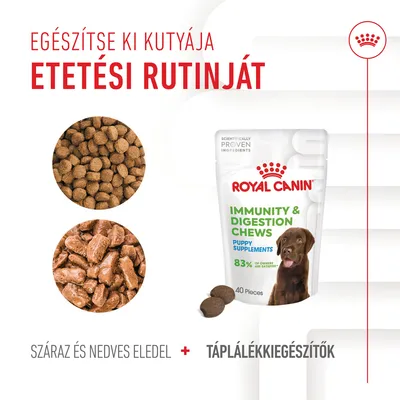 ROYAL CANIN Immunity & Digestion Chews Puppy Supplements, 40 darab. Száraz és nedves eledel, táplálékkiegészítők. 83% of owners are satisfied. Kutyás csomagolás látható.