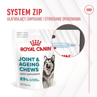 ROYAL CANIN Joint & Ageing Chews, 60 sztuk, system ZIP ułatwiający zamykanie i otwieranie opakowania, 89% of owners are satisfied, adult supplements
