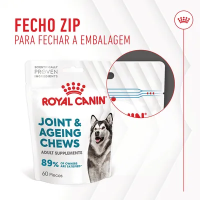 Royal Canin Joint & Ageing Chews, suplemento para adultos, 60 unidades. Fecho zip para fechar a embalagem. 89% of owners are satisfied*. Scientifically proven ingredients.
