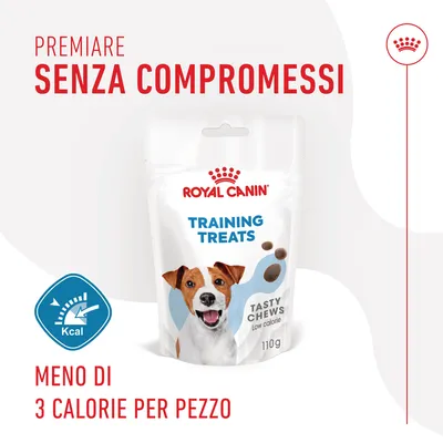Royal Canin Training Treats Tasty Chews 110 g, meno di 3 calorie per pezzo, premiare senza compromessi, low calorie, immagine confezione con cane e simbolo Kcal.