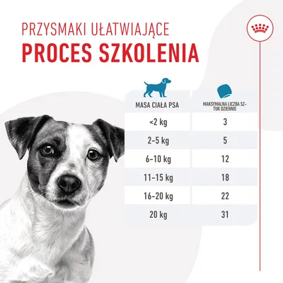 Przysmaki ułatwiające proces szkolenia. Tabela: masa ciała psa od poniżej 2 kg do powyżej 20 kg, maksymalna liczba sztuk dziennie od 3 do 31.