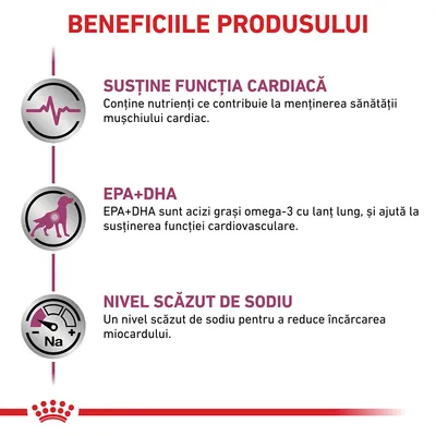 Beneficiile produsului: susține funcția cardiacă, conține EPA+DHA pentru sănătatea cardiovasculară și are nivel scăzut de sodiu pentru reducerea încărcării miocardului.