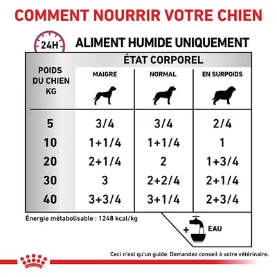 Tableau d’alimentation humide pour chien selon poids (5–40 kg) et état corporel (maigre, normal, en surpoids), doses indiquées par colonne. Énergie : 1248 kcal/kg. Eau recommandée.