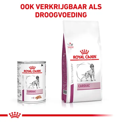 Royal Canin Cardiac natvoer en droogvoer voor honden, tekst: ook verkrijgbaar als droogvoeding. Beide verpakkingen tonen een hond en het merk Royal Canin.