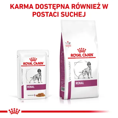 ROYAL CANIN VETERINARY RENAL – karma mokra i sucha dla psów. Napis: KARMA DOSTĘPNA RÓWNIEŻ W POSTACI SUCHEJ.