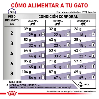 Tabla de raciones diarias para gatos según peso (2–8 kg) y condición corporal: delgado, normal o sobrepeso. Incluye cantidades en gramos para solo seco y mezcla con sobres.