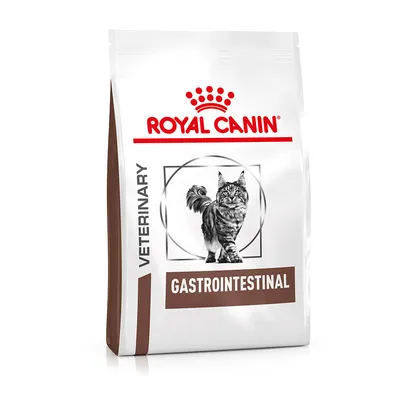 Bag labelled veterinary gastrointestinal with image of a cat, indicating food for digestive health support.