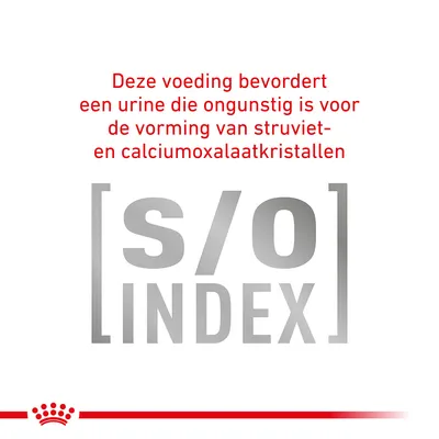 Deze voeding bevordert een urine die ongunstig is voor de vorming van struviet- en calciumoxalaatkristallen. s/o INDEX.