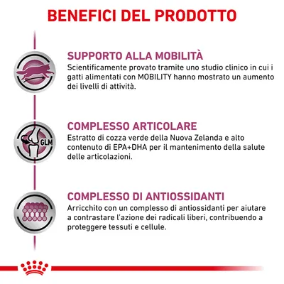 Benefici del prodotto: supporto alla mobilità, complesso articolare con estratto di cozza verde e EPA+DHA, complesso di antiossidanti per proteggere tessuti e cellule.