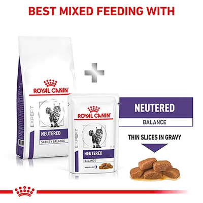 Mixed feeding recommendation showing Royal Canin Expert Neutered Satiety Balance dry food and Neutered Balance wet food with thin slices in gravy.