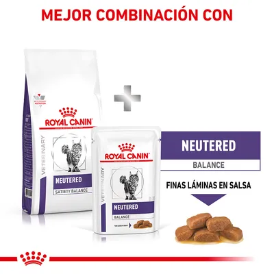 Royal Canin Veterinary Neutered Satiety Balance pienso y Royal Canin Veterinary Neutered Balance finas láminas en salsa. Texto: Mejor combinación con, finas láminas en salsa.