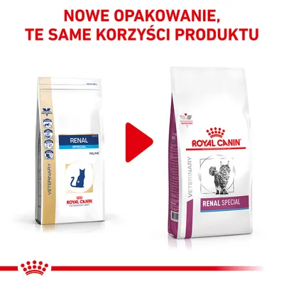 Nowe opakowanie karmy Royal Canin Renal Special dla kotów. Po lewej stare, po prawej nowe opakowanie z napisem: NOWE OPAKOWANIE, TE SAME KORZYŚCI PRODUKTU.