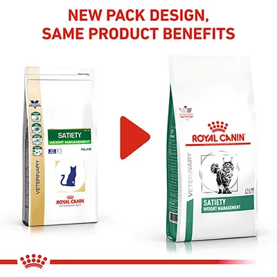 Image showing new pack design for Satiety Weight Management with the message: New pack design, same product benefits.