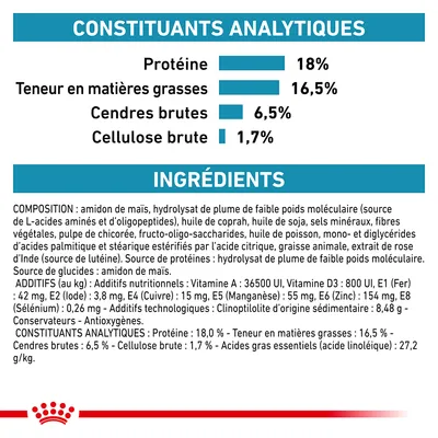 Constituants analytiques : protéine 18 %, matières grasses 16,5 %, cendres brutes 6,5 %, cellulose brute 1,7 %. Ingrédients et additifs listés en détail pour alimentation animale.