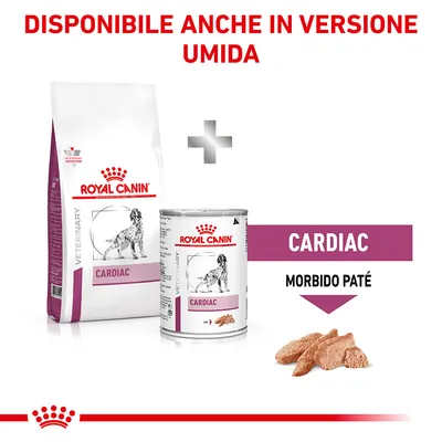 Royal Canin Cardiac disponibile anche in versione umida: confezione di crocchette, lattina Cardiac morbido paté e alimento umido visibile. Testo: CARDIAC MORBIDO PATÉ.