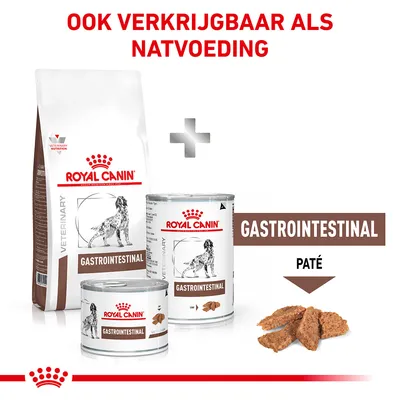 Royal Canin Gastrointestinal droog- en natvoer voor honden, verpakking en blikjes zichtbaar. Tekst: 'Ook verkrijgbaar als natvoeding', 'Gastrointestinal Paté'.